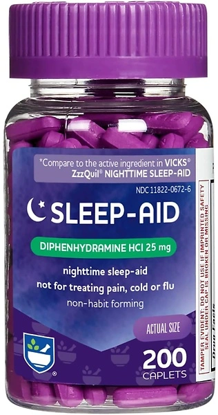 Rite Aid Natural Sleep Aid Caplets, Diphenhydramine HCl 25mg, 200 Count