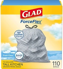 Glad Tall Kitchen Drawstring Trash Bags, Odorshield, 13 Gallon, 110 Count