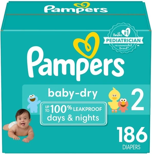 Pampers Baby Dry Diapers - Size 2, 186 Count, Absorbent Disposable Diapers