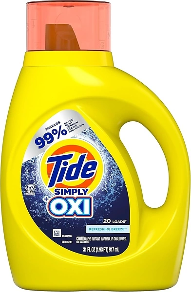 Tide Simply +Oxi Liquid Laundry Detergent, Refreshing Breeze, 20 Loads 31 Fl Oz