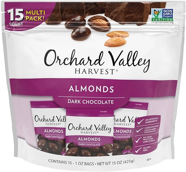 Orchard Valley Harvest Dark Chocolate Almonds, 1 Ounce Bags, 15 Count