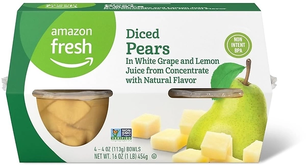 Amazon Fresh Diced Pears in White Grape and Lemon Juice, 4 oz, 4 Bowls