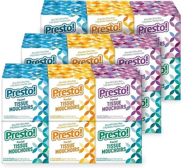 Presto! Ultra-Soft 3-Ply Premium Facial Tissues, 1188 Count (18 Packs of 66)