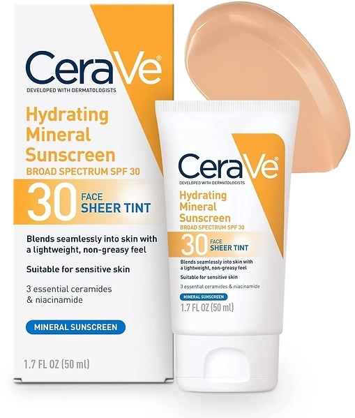 CeraVe Hydrating Mineral Sunscreen SPF 30 with Sheer Tint, 1.7 fl oz