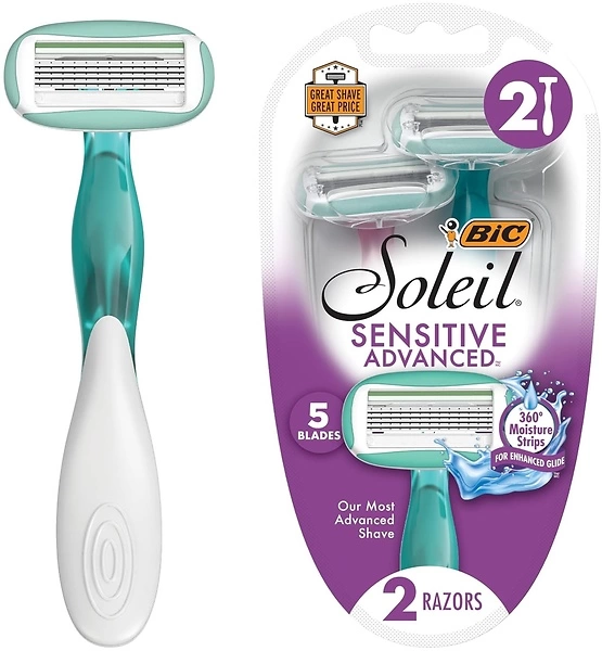 BIC Soleil Sensitive Advanced Women's Disposable Razors With 360 Moisture Strips For Enhanced Glide, Shaving Razors With 5 Blades, 2 Count