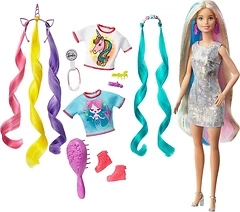 Barbie Fantasy Hair Doll, Long Colorful Blonde Hair, Mermaid & Unicorn Clothes