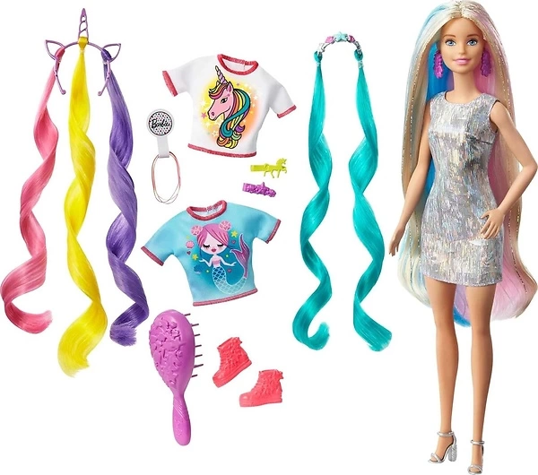 Barbie Fantasy Hair Doll, Long Colorful Blonde Hair, Mermaid & Unicorn Clothes
