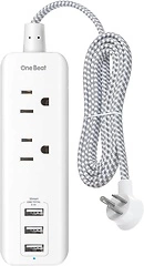 Power Strip with USB - 2 Outlets 3 USB Ports(3.1A, 15W), Desktop Charging Station with 5 ft Braided Extension Cord, Flat Plug Travel Power Strip for C...