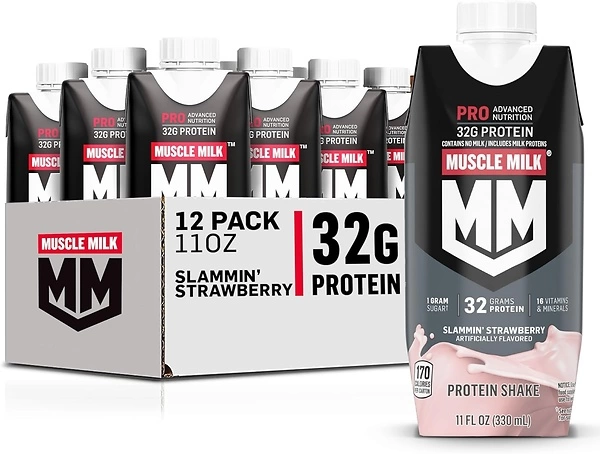 Muscle Milk Pro Advanced Nutrition Protein Shake, Slammin' Strawberry, 11 Fl Oz Carton, 12 Pack, 32g Protein, 1g Sugar, 16 Vitamins & Minerals, 5g Fib...