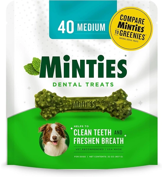 Minties Dental Chews for Dogs, 40 Count, Mint-Flavored Treats for Medium Dogs
