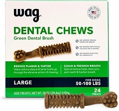 Amazon Brand - Wag Dental Chews, Green Dental Brush for Dogs, Large, 24 Count