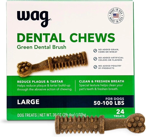 Amazon Brand - Wag Dental Chews, Green Dental Brush for Dogs, Large, 24 Count