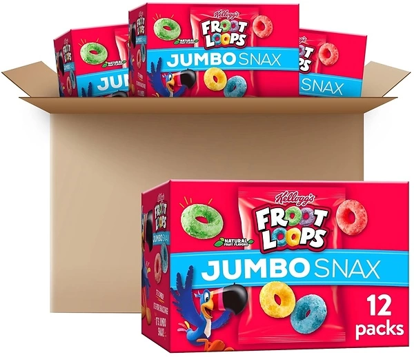 Froot Loops Jumbo Snax Cereal Snacks, Fruit Flavored, 4 Boxes (48 Pouches)
