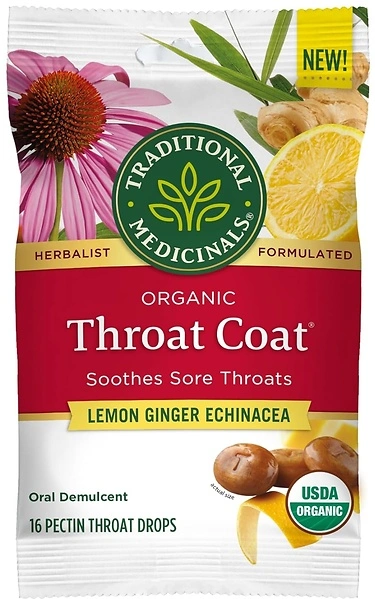 Traditional Medicinals Organic Throat Coat Lozenges, Lemon Ginger Echinacea, 16ct