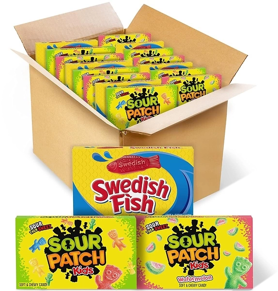 SOUR PATCH KIDS Original & Watermelon Candy & SWEDISH FISH Variety Pack, 15 Boxes