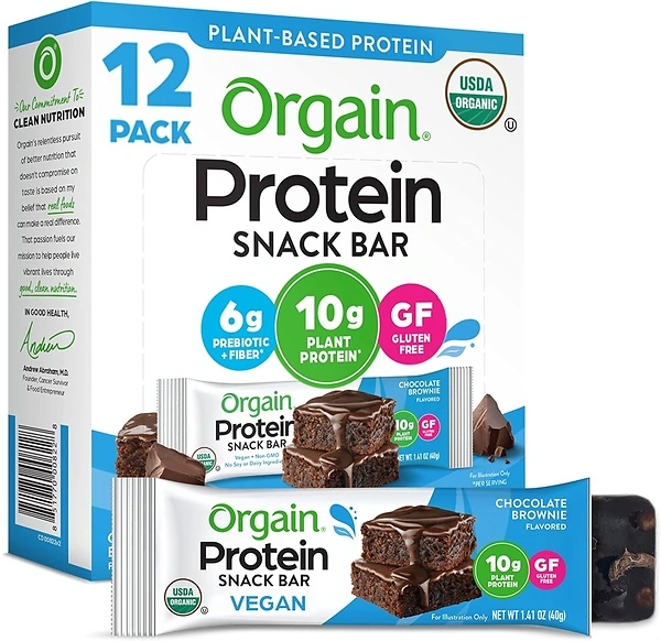 Orgain Organic Vegan Protein Bars, Chocolate Brownie, 10g Protein, 12 Count