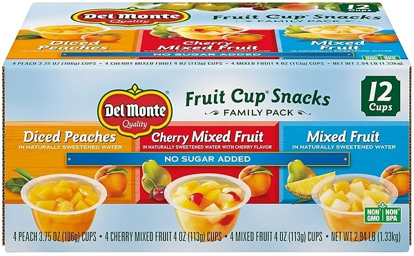 Del Monte FRUIT CUP Snacks, Family Pack, No Sugar Added, 12-Pack, 4 oz Variety Pack