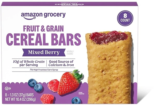 Amazon Grocery Mixed Berry Fruit & Grain Cereal Bar, 1.3 Oz, 8 Ct