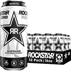 Rockstar Pure Zero Energy Drink, Silver Ice, 0 Sugar, 16oz, 12 Cans