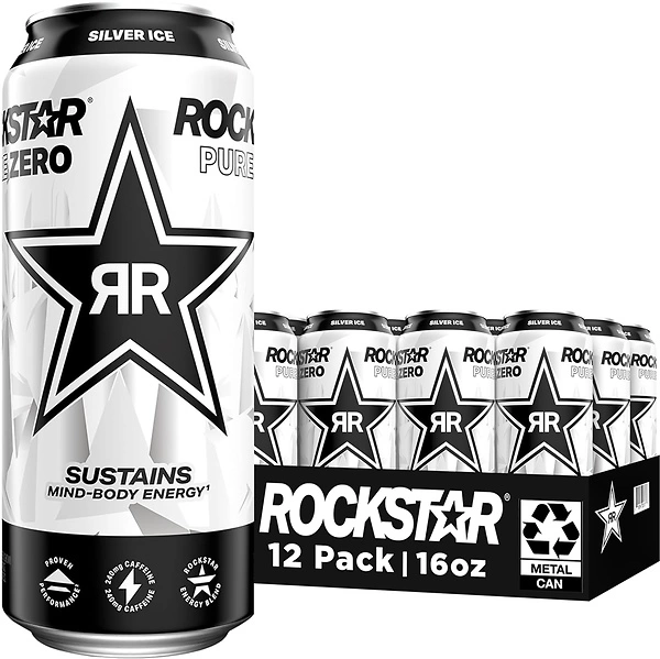 Rockstar Pure Zero Energy Drink, Silver Ice, 0 Sugar, 16oz, 12 Cans