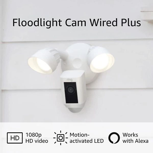 Ring Floodlight Cam Wired Plus, Motion-Activated 1080p HD Video, White