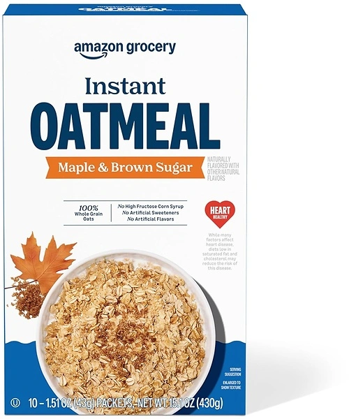 Amazon Grocery Maple & Brown Sugar Instant Oatmeal, 15.1 Oz, 10 Ct