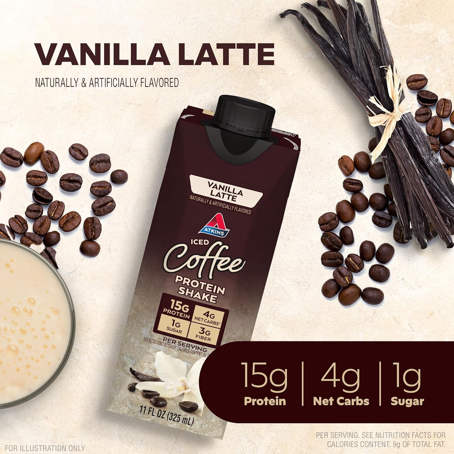Atkins Iced Coffee Vanilla Latte Protein Shake, 15g Protein, 4g Net Carb