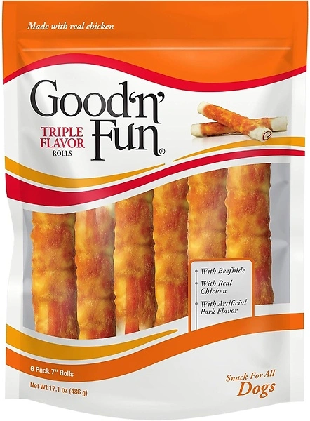 Good'n'Fun Triple Flavor 7 inch Rolls, Chews for Dogs, 6 Count