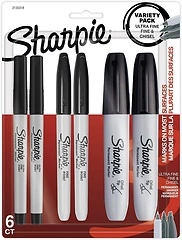 Sharpie Permanent Markers Variety Pack, Black, Ultra-Fine, Chisel, Fine Tip, 6 Count