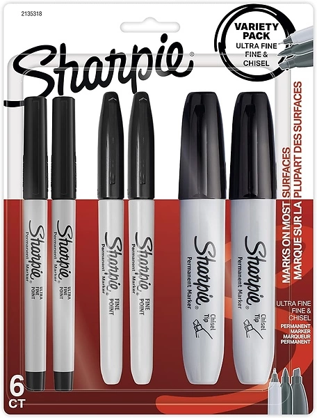 Sharpie Permanent Markers Variety Pack, Black, Ultra-Fine, Chisel, Fine Tip, 6 Count