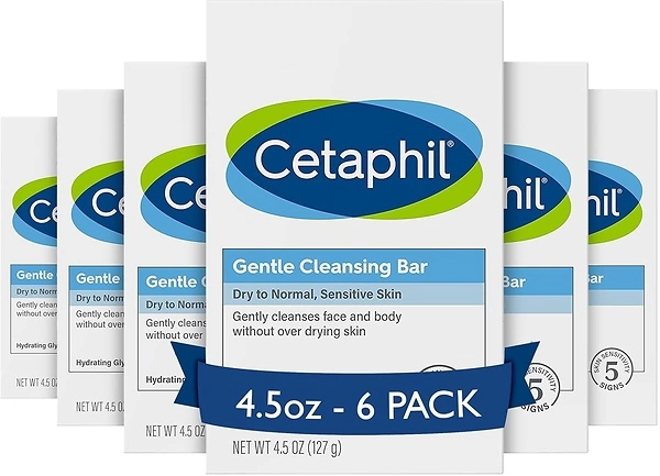 CETAPHIL Gentle Cleansing Bar, 4.5 oz, Dry Sensitive Skin, Non-Comedogenic, 6 Bars