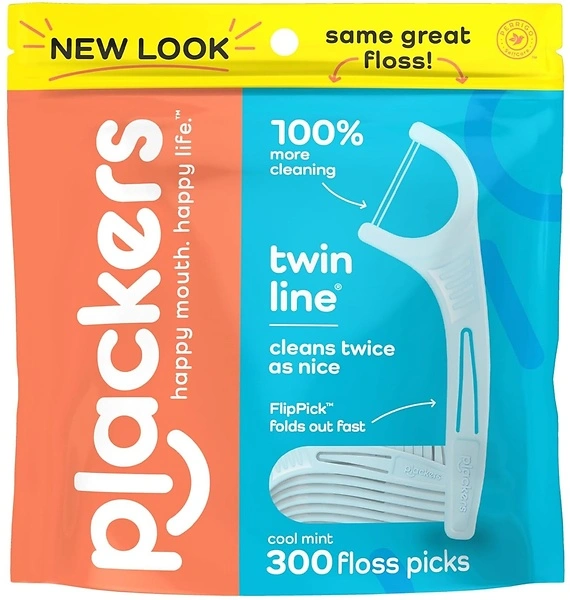 Plackers Twin-Line Dental Flossers, Cool Mint Flavor, 300 Count
