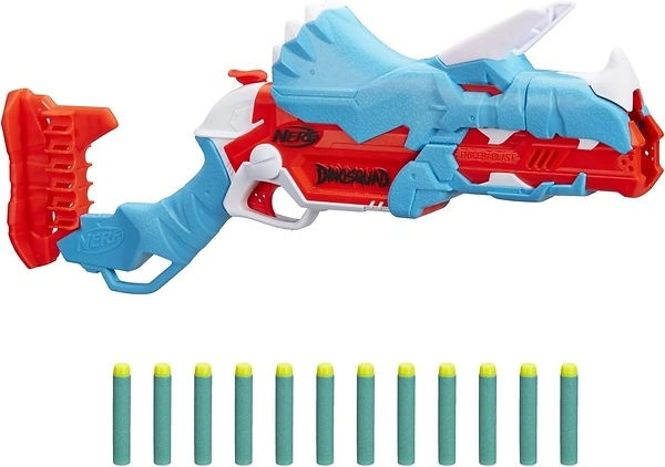 NERF DinoSquad Tricera-Blast Dart Blaster, Break-Open 3-Dart Loading, 12 Darts