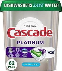 Cascade Platinum Dishwasher Pods, Actionpacs + Oxi, Fresh, 62 Pods