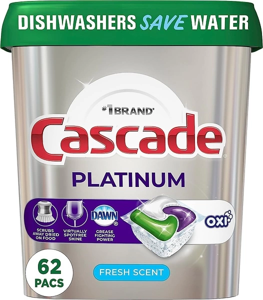Cascade Platinum Dishwasher Pods, Actionpacs + Oxi, Fresh, 62 Pods