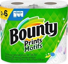 Bounty Select-A-Size Paper Towels, Prints, 2 Triple Rolls, 6 Regular Rolls