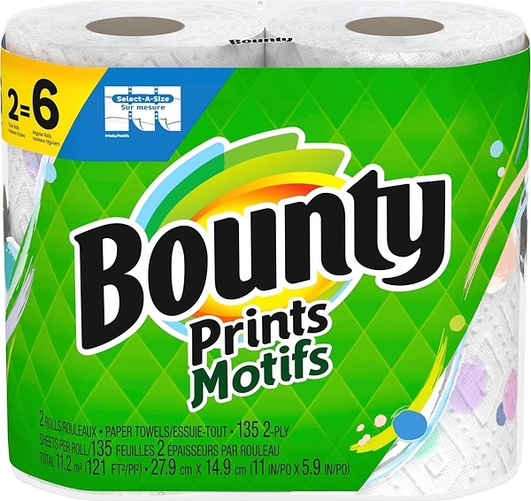 Bounty Select-A-Size Paper Towels, Prints, 2 Triple Rolls, 6 Regular Rolls