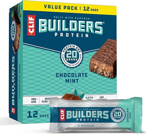 CLIF Builders - Chocolate Mint Flavor - Plant Based Protein Bars - Gluten Free - Non-GMO - Low Glycemic - 20g Protein - 2.4 oz. (12 Pack)