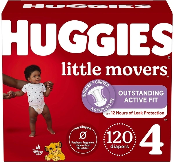 Huggies Size 4 Diapers, Little Movers Baby Diapers, Size 4 (22-37 lbs), 120 Count