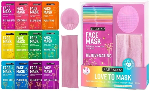 Freeman Facial Love To Mask Variety Pack: 14 Piece Kit with Bonus Buffer & Headband