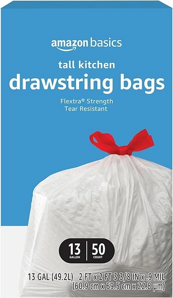 Amazon Basics Flextra Tall Kitchen Drawstring Trash Bags, 13 Gallon, 50 Count