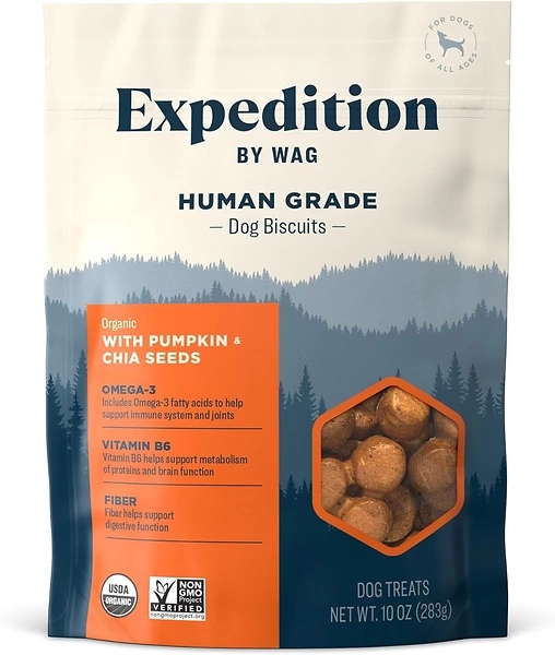 Amazon Brand Wag Expedition Organic Biscuits Dog Treats, Pumpkin & Chia Seed, 10 oz