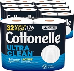 Cottonelle Ultra Clean Toilet Paper with Active CleaningRipples, 1-Ply, 32 Family Mega Rolls (8 Packs of 4) (32 Family Mega Rolls 176 Regular Rolls), ...