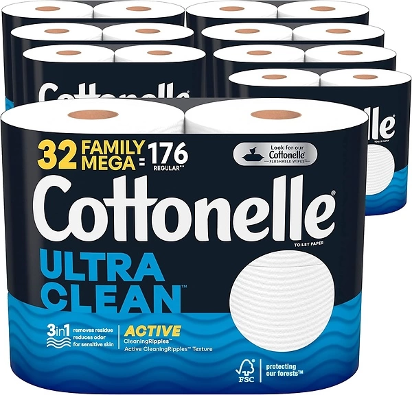 Cottonelle Ultra Clean Toilet Paper with Active CleaningRipples, 1-Ply, 32 Family Mega Rolls (8 Packs of 4) (32 Family Mega Rolls 176 Regular Rolls), ...