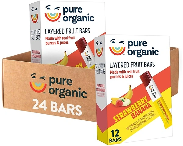 Pure Organic Layered Fruit Bars, Gluten Free, Vegan, Strawberry Banana, 24 Bars