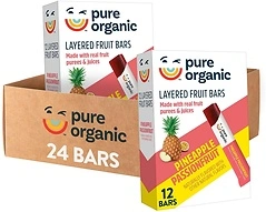 Pure Organic Layered Fruit Bars, Gluten Free, Vegan, Pineapple Passionfruit, 24 Bars