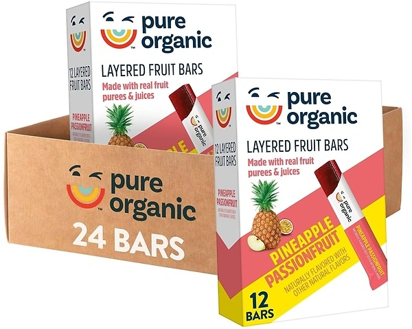 Pure Organic Layered Fruit Bars, Gluten Free, Vegan, Pineapple Passionfruit, 24 Bars