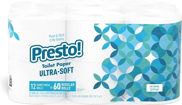 Amazon Brand - Presto! 2-Ply Mega Roll Toilet Paper, Unscented, 12 Rolls
