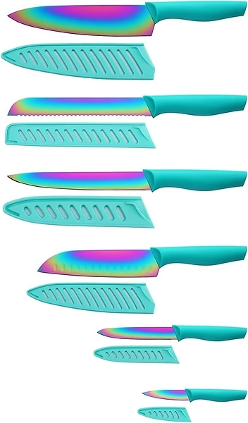 Marco Almond Knife Set, 12-Piece Rainbow Titanium Stainless Steel Knives with Covers