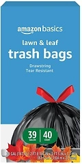 Amazon Basics Lawn & Leaf Drawstring Trash Bags, Unscented, 39 Gallon, 40 Count